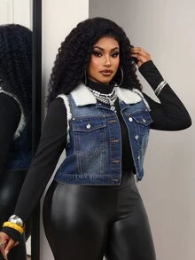 Slaydiva Plus Size Fashion Faux Fur Patchwork Collar Button Denim Vest Jacket - Blue - View 6