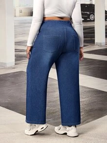 Lounesse Celana Jeans Denim Kasual Sehari-hari Wanita Ukuran Plus dengan Pinggang Asimetris - Biru - View 2