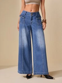 Selenza Celana Jeans Denim Kasual Longgar Kaki Lebar dengan Desain Saku untuk Wanita - Biru - View 6