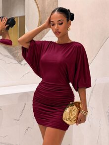 Slaydiva 女款純色露背休閒日常夏季迷你洋裝 - 酒紅色 - 查看 4