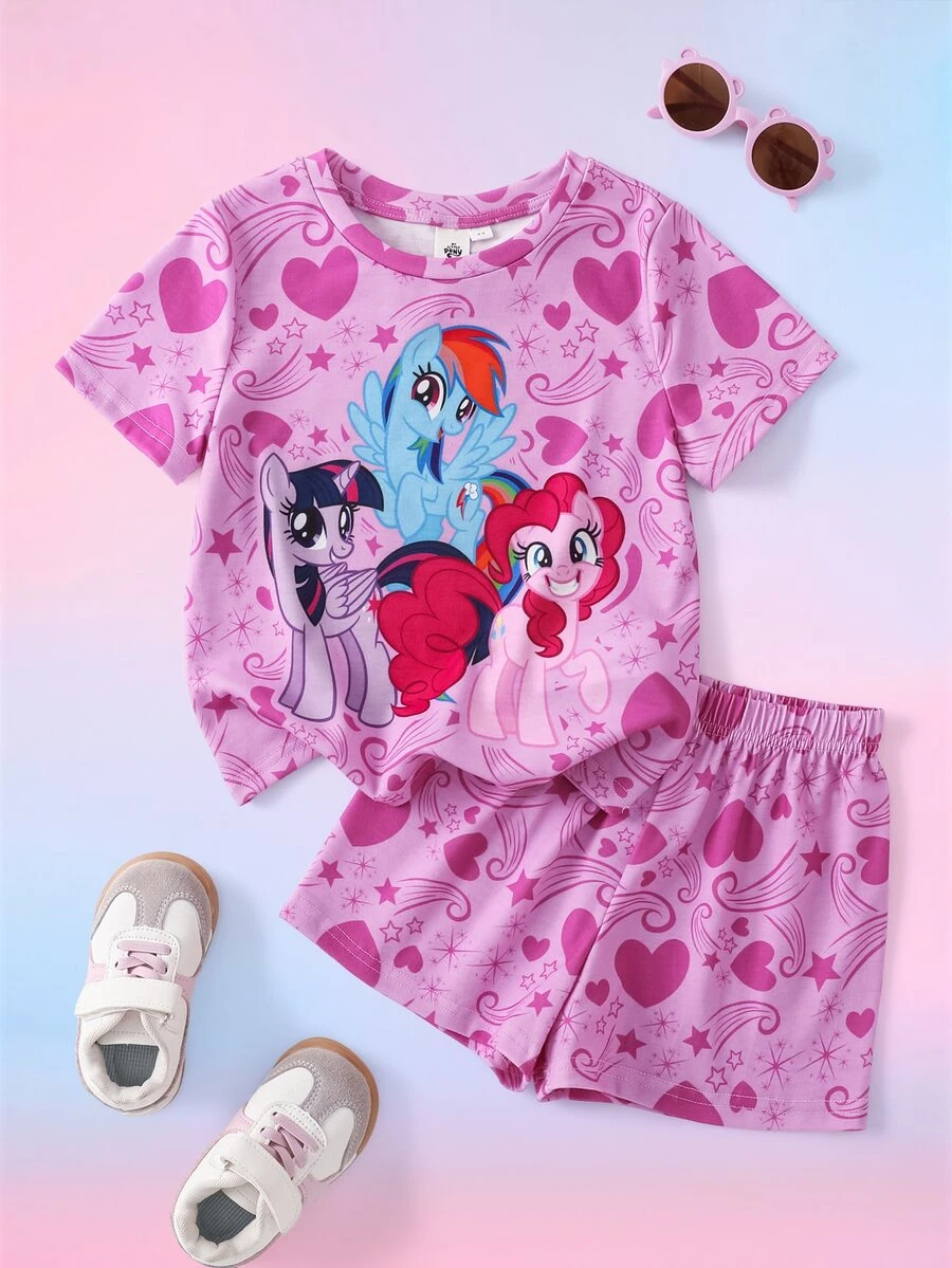 My Little Pony X SHEIN Young Girl Cartoon Pattern Short Sleeve T-Shirt And Shorts Casual Daily Outfit - Hot Pink - View 1