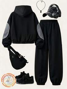 SHEIN 2件組 男童秋冬黑灰拼接連帽拉鍊外套與錐形長褲，復古運動休閒套裝 - 黑色 - 查看 2
