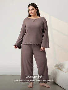 LUVLETTE Fall Women's Plus Size Brown Round Neck Long-Sleeved Pants Loungewear Set, Ribbed Texture Fabric, Comfortable Cotton Pajamas Lounge Sets For Women - Coffee Brown - View 7