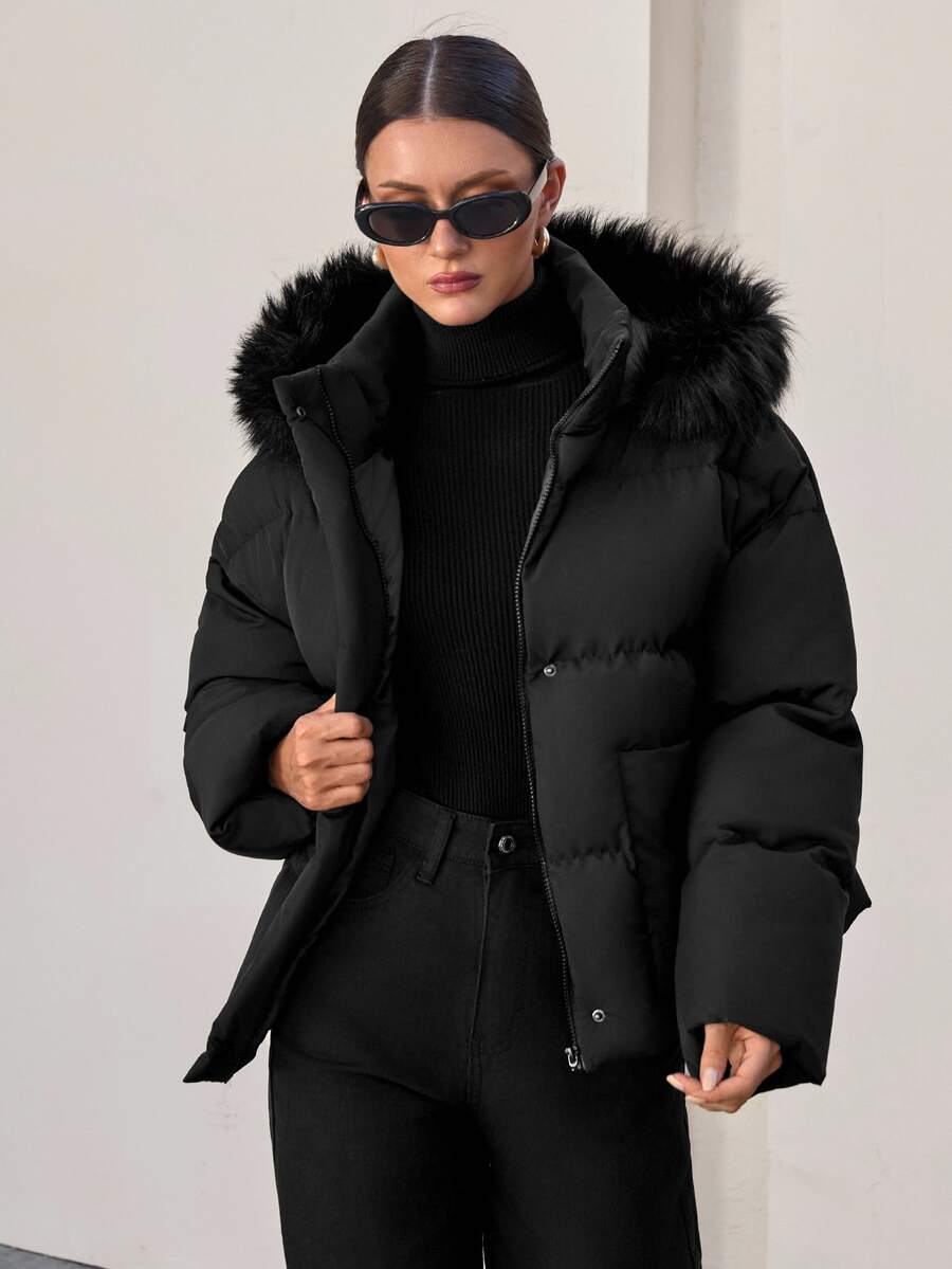SHEIN Women Fake Fur Hooded Winter Coat - Black - View 1