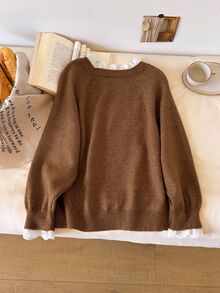 Story & Sage Women's Embroidered Stand Collar Raglan Long Sleeve Casual Sweater - Brown - View 2