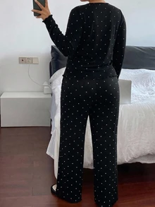 Dazy Plus Set Piyama 2 Potong Celana Panjang Kasual Motif Polkadot Modis untuk Pakaian Rumah Musim Semi dan Gugur, Model Baru yang Lucu - Hitam - View 2