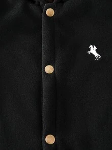 SHEIN 男童休閒百搭灰色龍鳳圖案羊毛混紡對比色厚款人造毛內裡連帽中長版大衣，連帽設計保暖實用，中長版大衣設計適合各種休閒場合，龍鳳羊毛混紡與對比色人造毛內裡設計讓大衣更時尚獨特，適合展現個人風格 - 黑色 - 查看 7