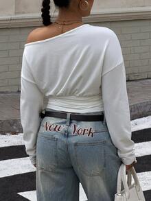 Muchica Plus Size Women's Slogan Print Asymmetrical Shoulder Long Sleeve Ruched Casual T-Shirt - White - View 2