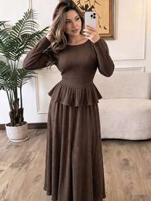 Modelyn 2pcs/Set Textured Elastic Knit Plus Size Women Elegant Long Sleeve Top And A-Line Elastic Waist Skirt, Suitable For Autumn/Winter Date And Casual Occasions - Brown - View 4