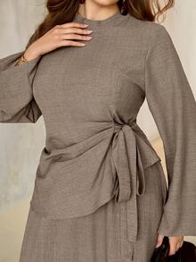 Roveilla Plus Size Autumn Long Sleeve Khaki Casual Lazy Vintage Top & Skirt 2 Pieces Set For Commute Fall - Brown - View 4