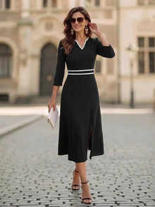 EMERY ROSE V Neck Contrast Piping A-Line Midi Dress, 3/4 Sleeve High Waist Fit & Flare Elegant Dress For Work Fall - Black - View 3