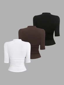 Sweetra Spring/Autumn New Solid Color Stand Collar Short Sleeve Top, Slim Fit, Elegant Minimalist, Suitable For Streetwear And Daily Wear - Multicolor - View 2