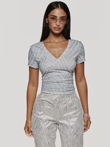 MUSERA Grey Slinky Zebra Print Diamante V Neck Tshirt Summer Autumn Cute Everyday Y2K Ultra M - Multicolor - View 1