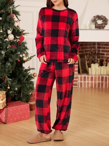 Doze Lane Versatile Minimalist Red Plaid Long Sleeve Loungewear Pajama Set - Multicolor - View 3
