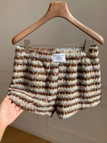 Comfortcana Quần short nữ kẻ sọc thường ngày phong cách casual - màu nâu - Xem 7