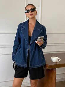DAZY Women's Blazer Style Casual Denim Jacket - Medium Wash - View 6