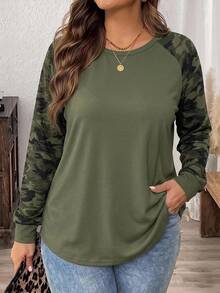 Comfylo Autumn/Winter New Teacher's Day Thanksgiving Camouflage Print Plus Size Women's Casual Raglan Sleeve Crew Neck Loose Fit T-Shirt Suitable For Spring/Autumn - Army Green - View 2