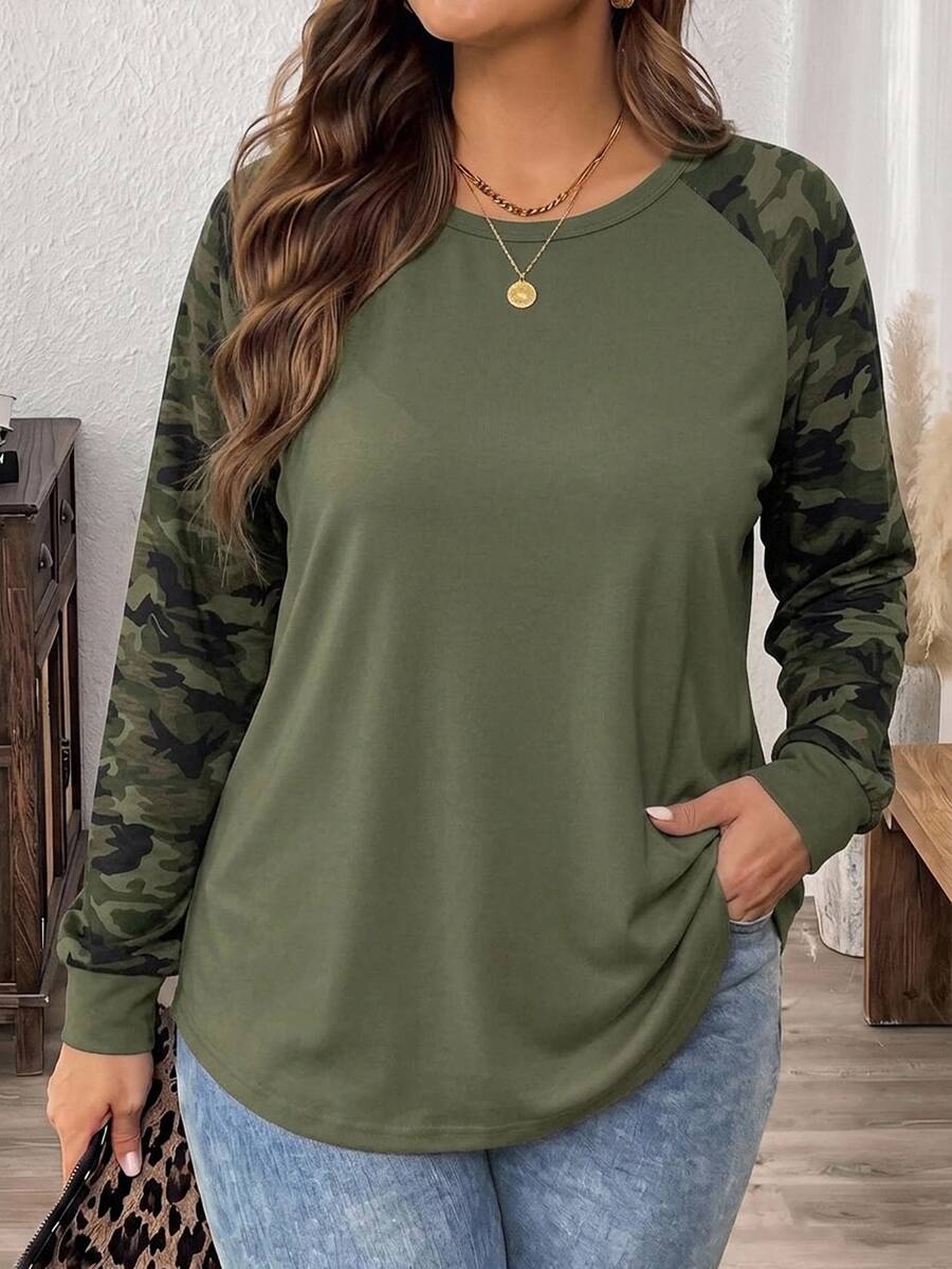 Comfylo Autumn/Winter New Teacher's Day Thanksgiving Camouflage Print Plus Size Women's Casual Raglan Sleeve Crew Neck Loose Fit T-Shirt Suitable For Spring/Autumn