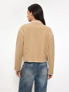 Maija Jaket Pendek Wanita dengan Trim Kontras, Pakaian untuk Acara Keluar, Pakaian Kerja untuk Wanita, Pakaian Musim Gugur - Khaki - View 3