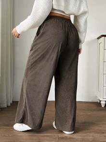 SHEIN EZwear Camel 大尺碼女款秋冬休閒校園室內工作穿搭卡其色燈芯絨布料附口袋拼接設計高腰寬鬆寬腿長褲 - 駝色 - 查看 2