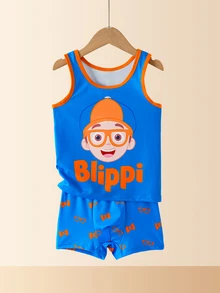 Blippi X SHEIN Set Pakaian Dalam Tank Top dan Celana Pendek Motif Kartun untuk Anak Laki-Laki - Biru - View 2