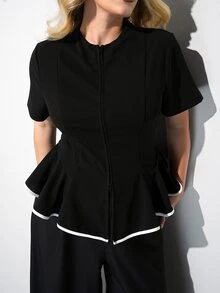 Maija Plus Size Women's Zipper Front Short Sleeve Ruffle Hem Top - Black and White - View 1