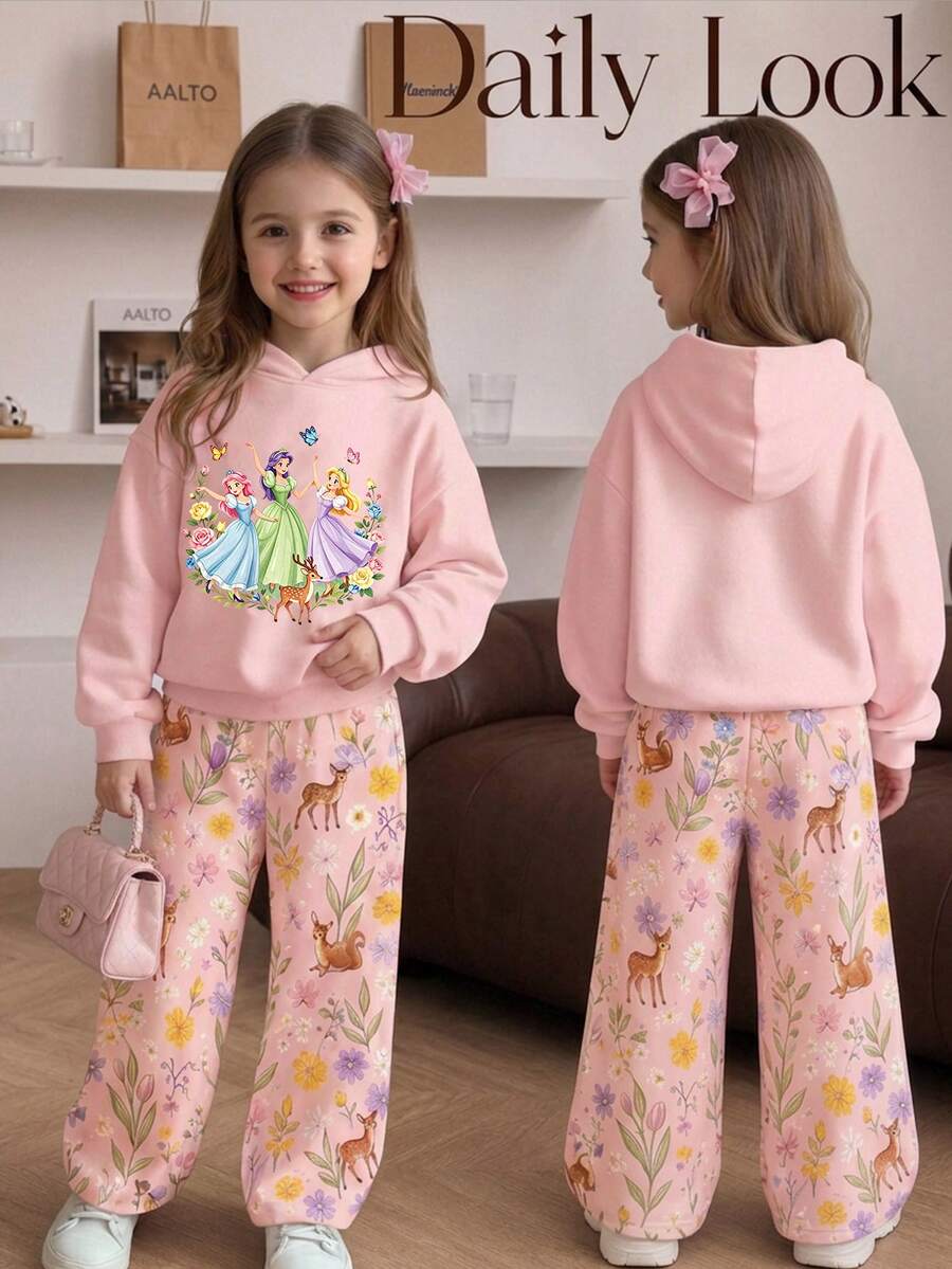 少女2件式運動衫套裝,連帽衫、寬腿褲,粉色上衣、粉色運動衫、粉色長褲,粉色套裝,度假、日常、可愛花卉、公主、休閒、時尚、鄉村、度假、公主莊園 - 彩色 - 查看 1