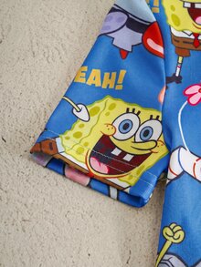 SpongeBob SquarePants | SHEIN 小男孩卡通印花短袖上衣與短褲居家服套裝 - 藍色 - 查看 5