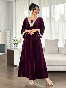 Al Najma Solid Color Velvet V-Neck Embroidered Lace Trim 2 In 1 Loose Fit Flattering Full Skirt Elegant Women's Party Dress - Red Violet - View 4