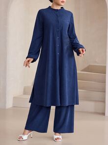 Graceveil Minimalist Chinese Style Stand Collar Button-Front Long Top & Wide Leg Pants 2 Pieces Set, Arabic Casual Outfit - Royal Blue - View 1