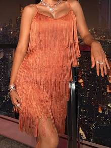BELROSIE Fringe Trim Cami Dress Holiday Party Dress  - Orange - View 4