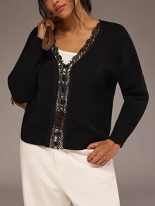 Freevana Women Reversible Lace V Neck Button Down Long Sleeve Knit Cardigan Sweater Front To Back Tops - Black - View 7