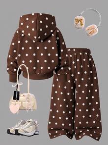SHEIN Elladie kids 2件組女童休閒針織圓點連帽外套與寬鬆寬腿長褲套裝，圓點印花，秋冬款，校園休閒運動風，適合日常、開學返校、外出 - 棕色 - 查看 2