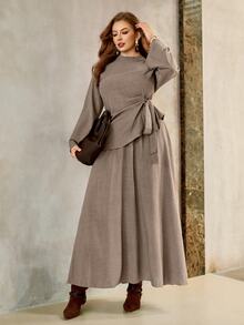 Roveilla Plus Size Autumn Long Sleeve Khaki Casual Lazy Vintage Top & Skirt 2 Pieces Set For Commute Fall - Brown - View 5