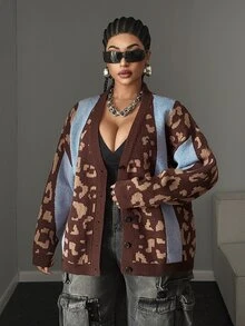 Maweii Cardigan Rajut Lengan Panjang Kancing Tunggal Motif Leopard Blok Warna untuk Wanita Ukuran Plus - Biru - View 3