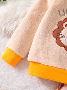 2件組男孩睡衣，獅子刺繡，保暖柔軟親膚抓絨長袖上衣與長褲家居服套裝 - 黃色 - 查看 4