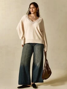 Nubod Lace V-Neck Soft Apricot Knitted Sweater - Apricot - View 5