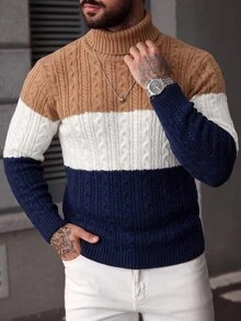 Manfinity Homme 男士高領長袖套頭毛衣，休閒針織秋冬服飾，秋冬配色拼接條紋時尚日常修身百搭厚實粗繩編織長袖套頭毛衣 - 彩色 - 查看 4