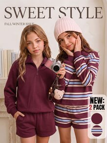 SHEIN Sparklyn طقم من قطعتين من الفليس للفتيات المراهقات، سويت شيرت بولو بسحاب ربع مخطط وسادة، بتصميم ريترو للخريف والشتاء - عنابي اللون - مشاهدة 1