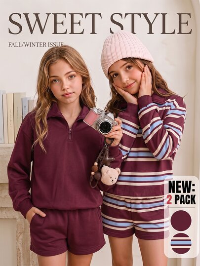 SHEIN Sparklyn Tween Girl Fleece 2 Pieces Set Striped & Solid Quarter Zip Polo Sweatshirt Retro Fall Winter
