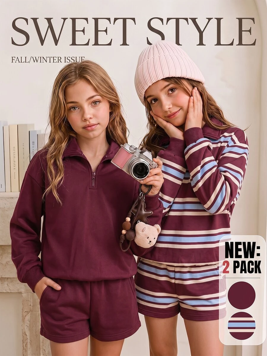 SHEIN Sparklyn طقم من قطعتين من الفليس للفتيات المراهقات، سويت شيرت بولو بسحاب ربع مخطط وسادة، بتصميم ريترو للخريف والشتاء - عنابي اللون - مشاهدة 1