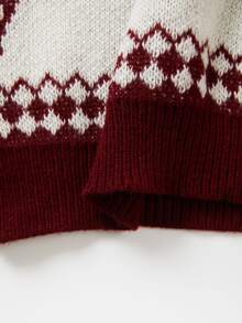 SHEIN Cardigan Rajut Berkerudung dengan Resleting Motif Rusa Natal Musim Gugur/Musim Dingin untuk Wanita, Gaya Geometris Vintage Lengan Panjang - Red and White - View 7