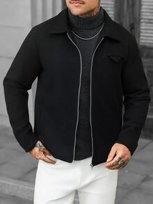 Manfinity CasualCool 男士休閒純色長袖拉鍊羊毛混紡夾克 - 黑色 - 查看 4