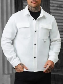 Manfinity Homme 男士純色羊毛混紡休閒長袖夾克，適合秋冬穿著，米色鈕扣開襟夾克 - 白色 - 查看 5