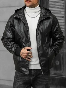 Manfinity CasualCool 男士長袖保暖拉鍊連帽絎縫夾克，冬季黑色街頭風 Y2K 飛行夾克 - 黑色 - 查看 4