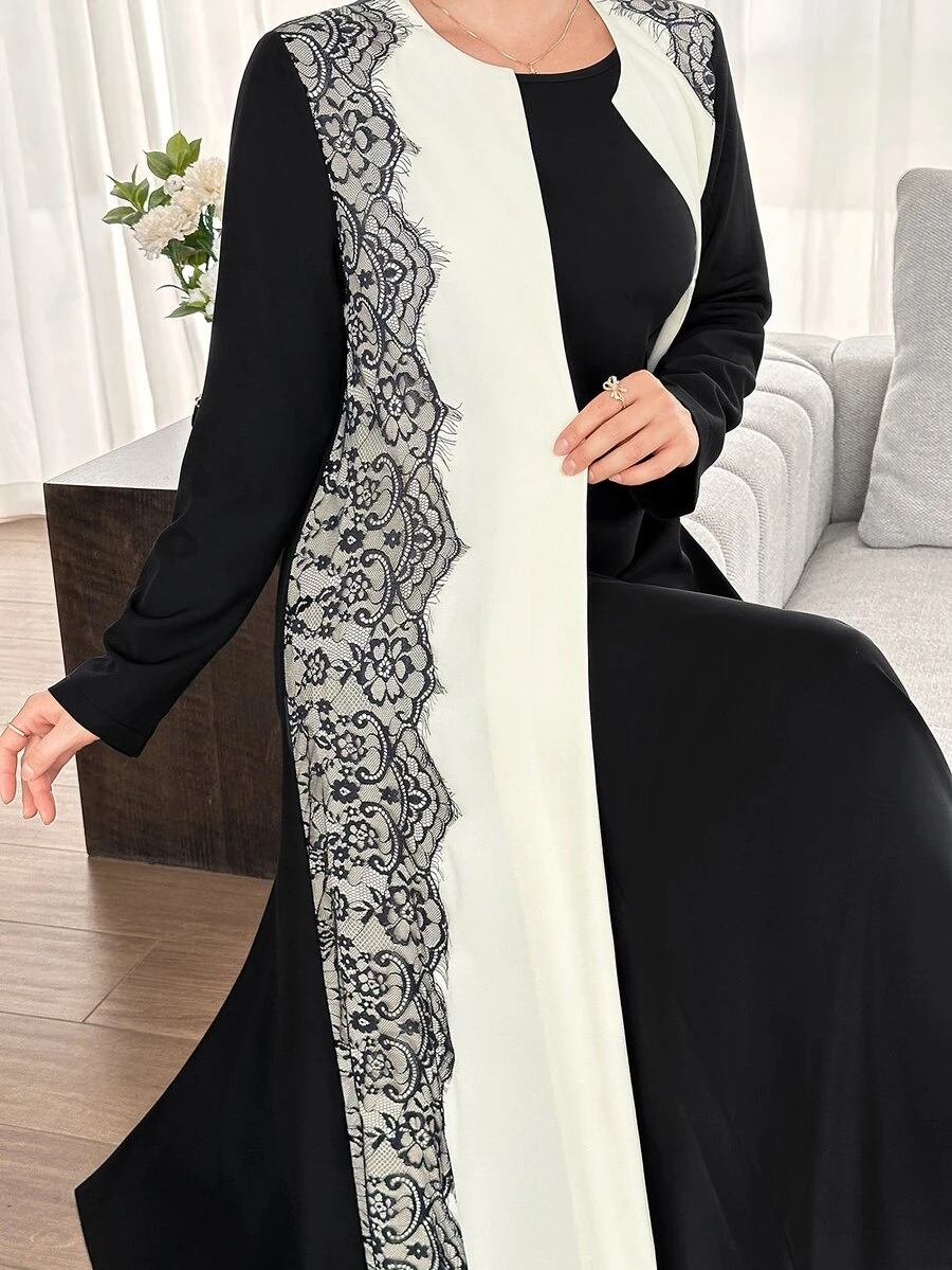 Graceveil Apricot And Black Contrast Wave Eyelash Lace Patchwork Long Cardigan Arabic Loose Long Sleeve Outerwear Robe - Black and White - View 1