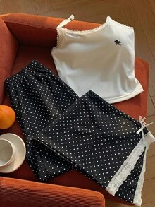 Comfortcana 休閒可愛白色黑波點蕾絲飾邊細肩帶背心與條紋長褲兩件套，返校季奶油色居家夏裝 - 黑色 - 查看 1