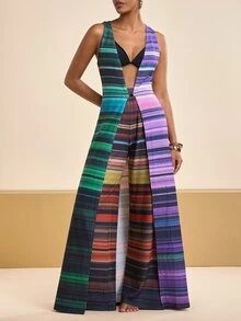 Zivah New Elegant Women's Striped Sleeveless Cover Up & Wide Leg Pants 2 Pieces Set, Versatile For Multiple Occasions, Beach Vacation, Commuting - Multicolor - View 3