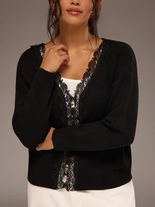Freevana Women Reversible Lace V Neck Button Down Long Sleeve Knit Cardigan Sweater Front To Back Tops - Black - View 5