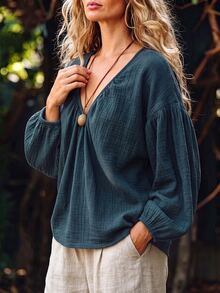 Linhara CURVE Women's Plus Size V-Neck Casual Blouse, Autumn/Winter Outdoor Top - Blue - View 4